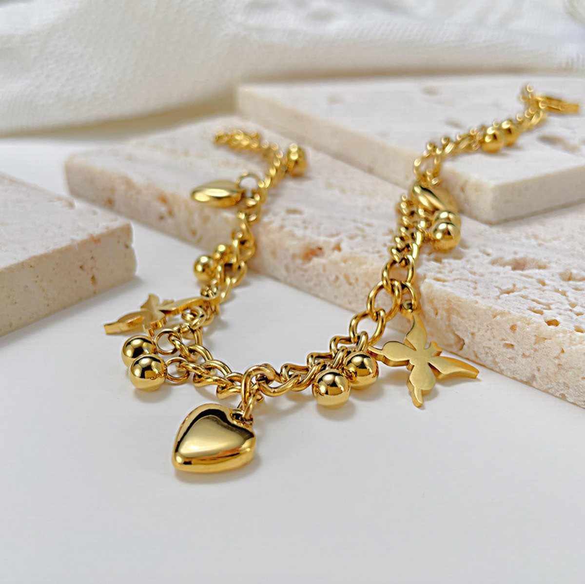 18K Gold-Plated Stainless Steel Butterfly Heart Beaded Anklet