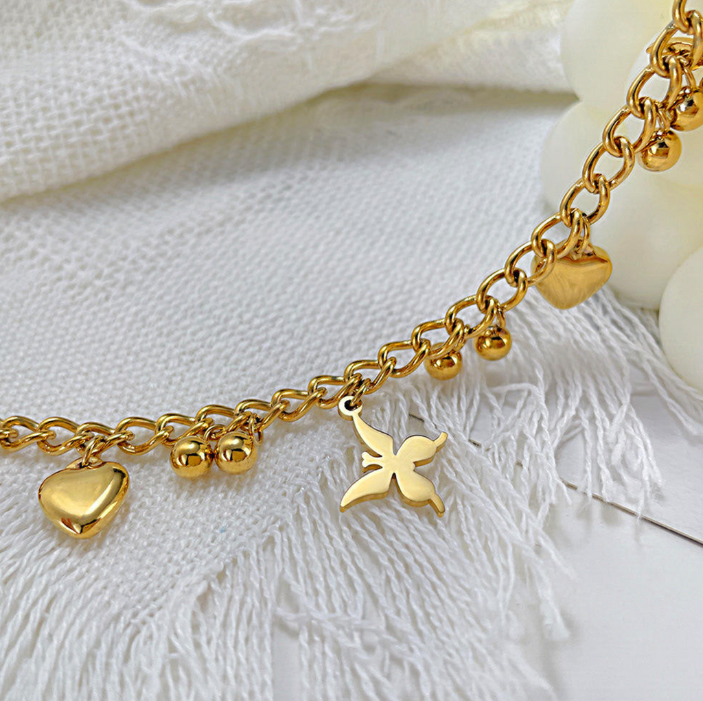 18K Gold-Plated Stainless Steel Butterfly Heart Beaded Anklet