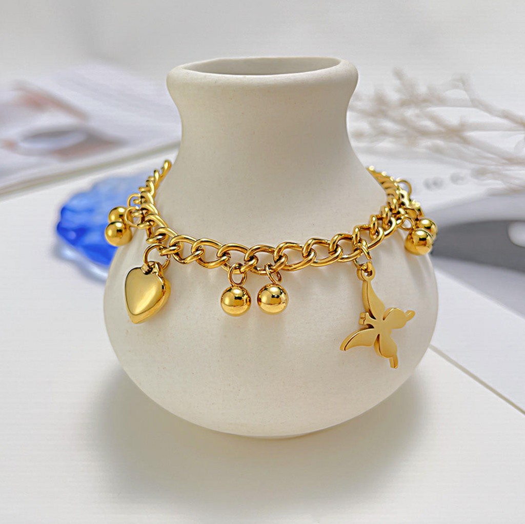 18K Gold-Plated Stainless Steel Butterfly Heart Beaded Anklet