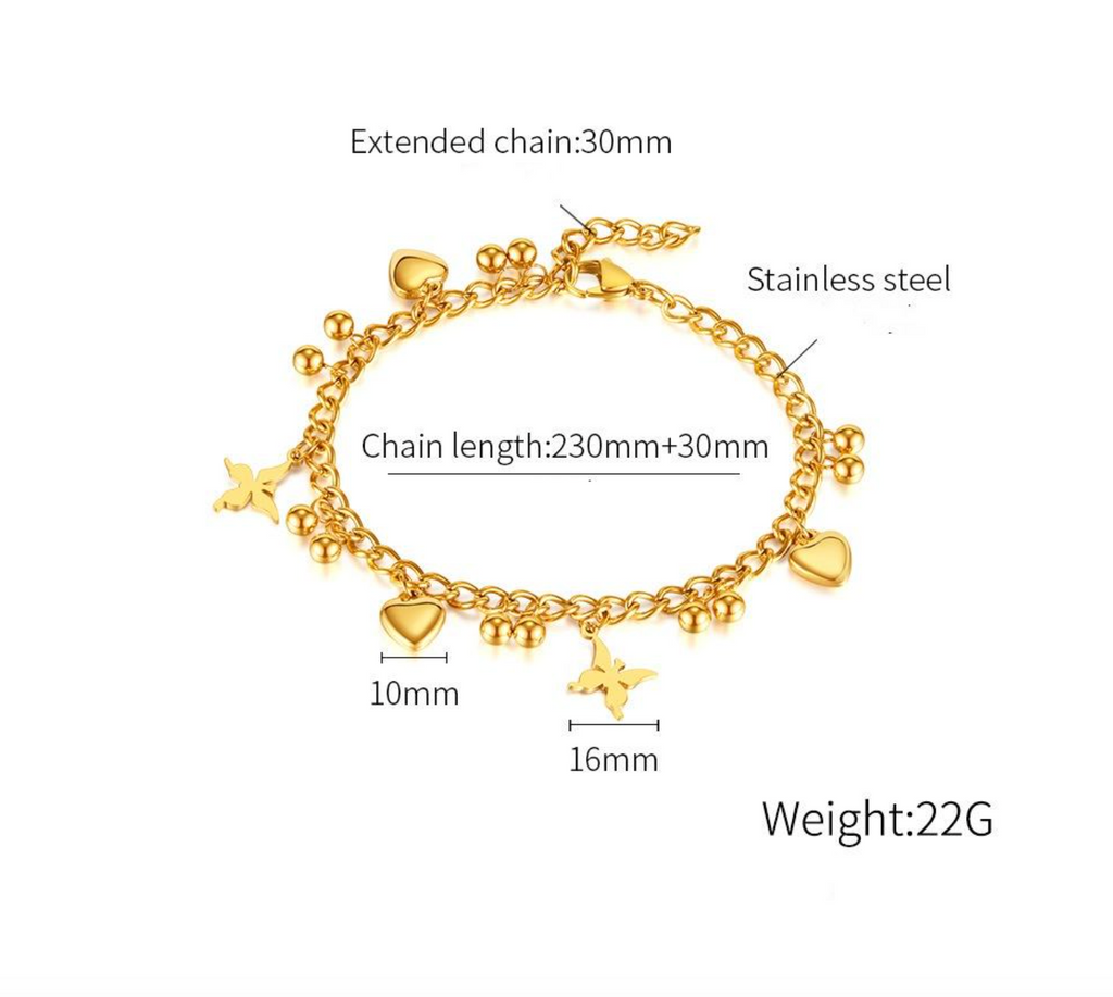 18K Gold-Plated Stainless Steel Butterfly Heart Beaded Anklet