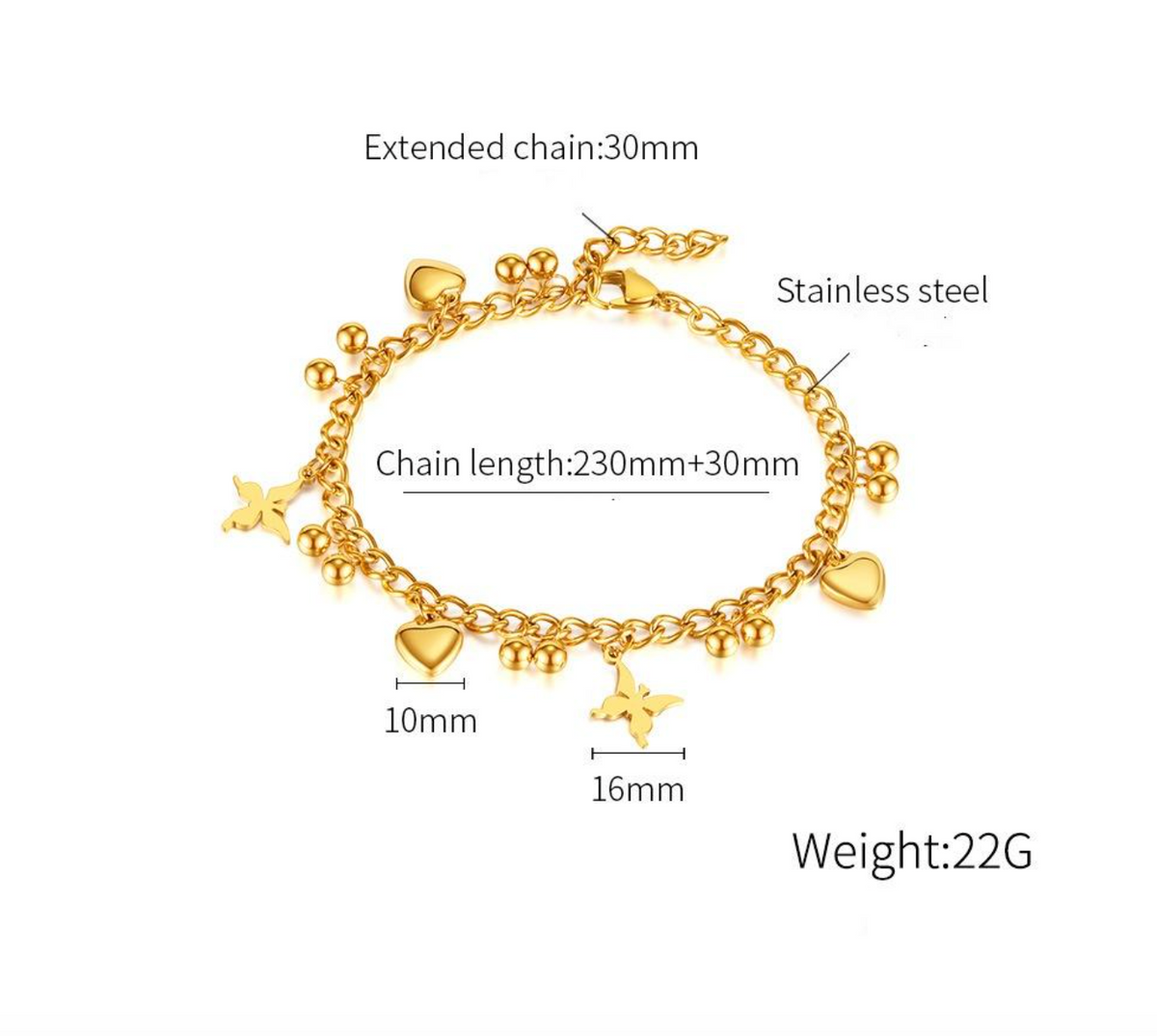 18K Gold-Plated Stainless Steel Butterfly Heart Beaded Anklet