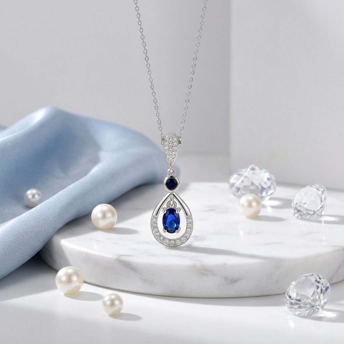 Blue Zircon Teardrop Pendant Necklace