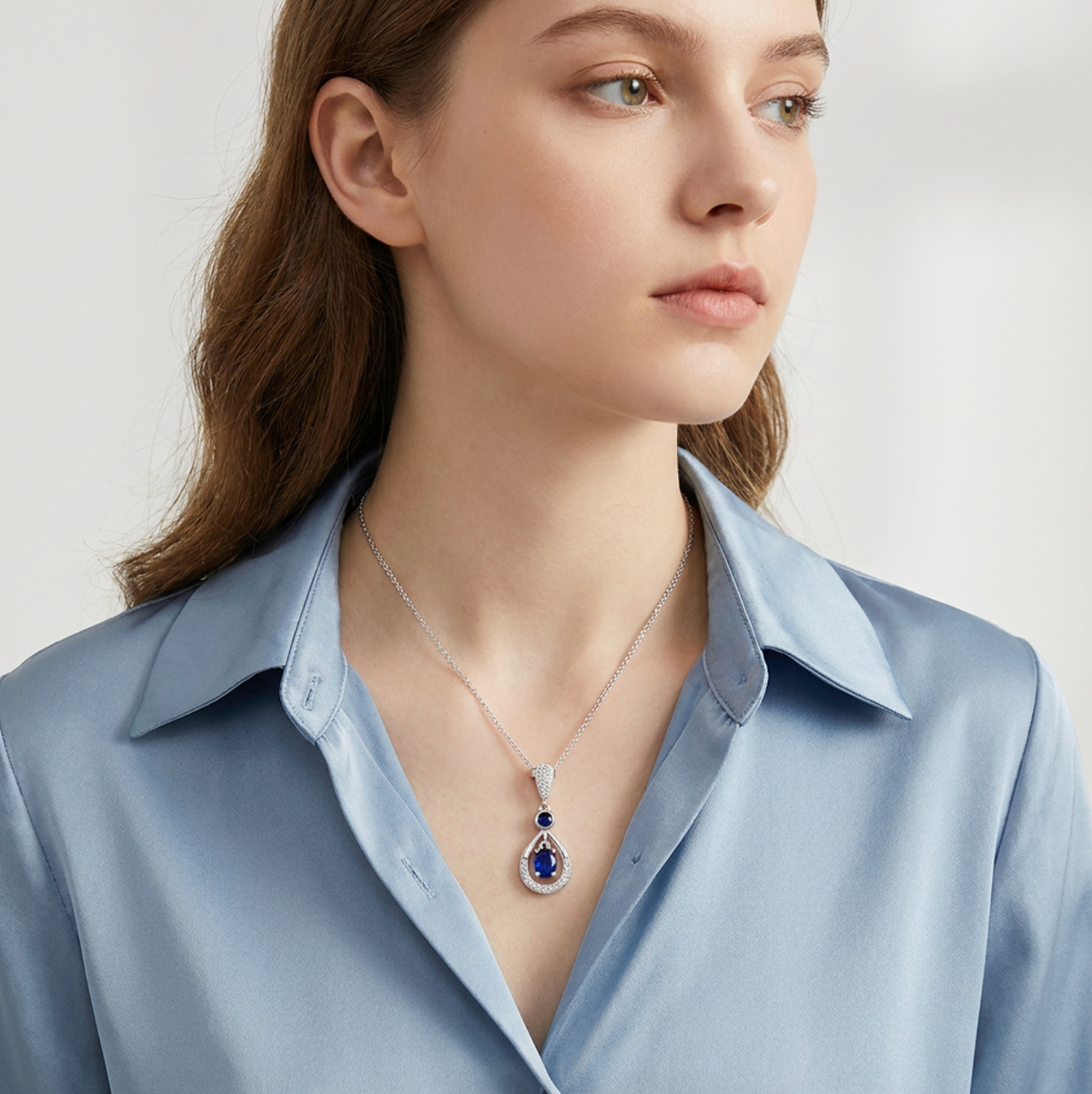 Blue Zircon Teardrop Pendant Necklace