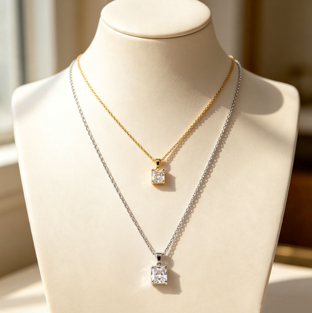 Stainless Steel Pendant Necklace with Emerald