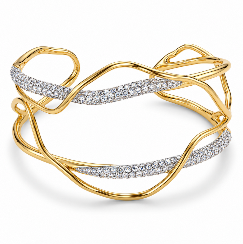 Fashionable 18K Gold-Plated Brass Zirconia Open Bangle