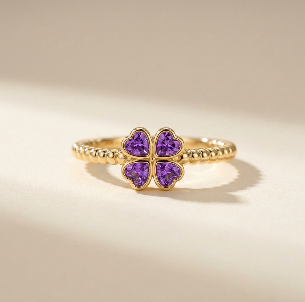 Purple Heart Zircon Four-Leaf Clover Ring
