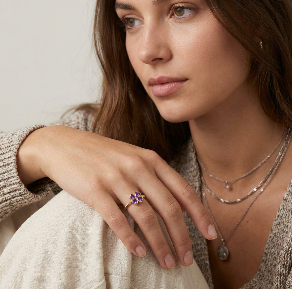 Purple Heart Zircon Four-Leaf Clover Ring
