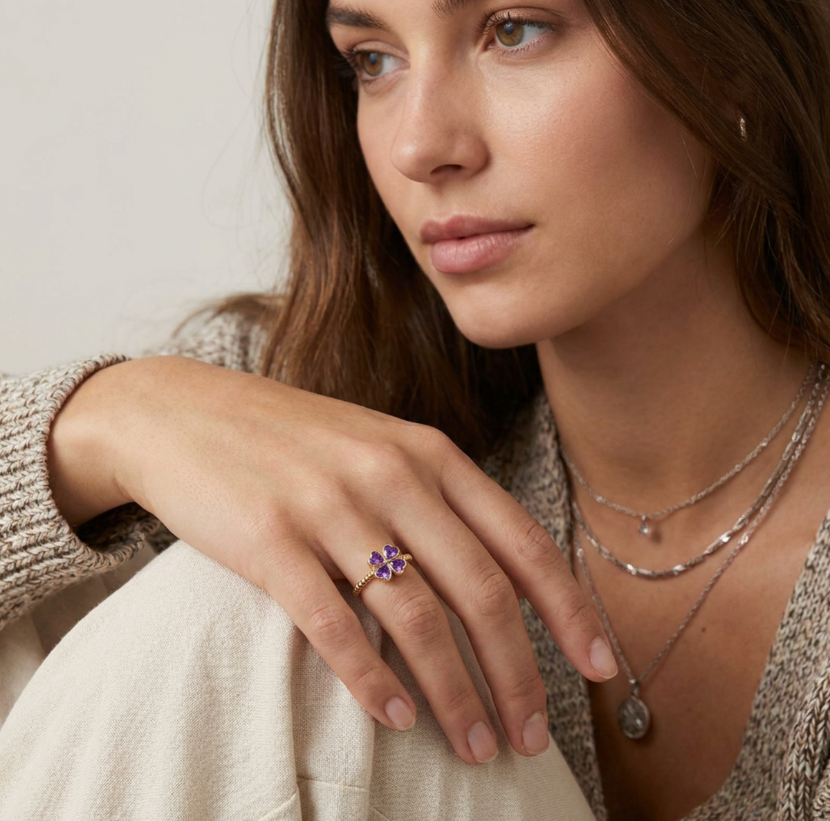 Purple Heart Zircon Four-Leaf Clover Ring